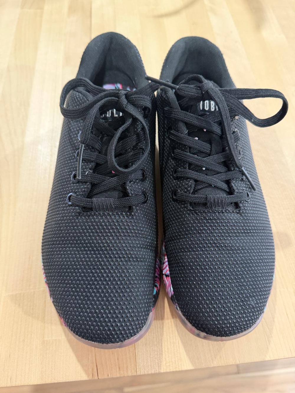 NOBULL Black Knit Sneakers with Pink and Blue Patterned Sole